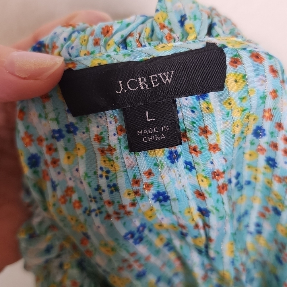 J. Crew Aqua Floral Field Day Print Ruffle Blouse L - Picture 5 of 9